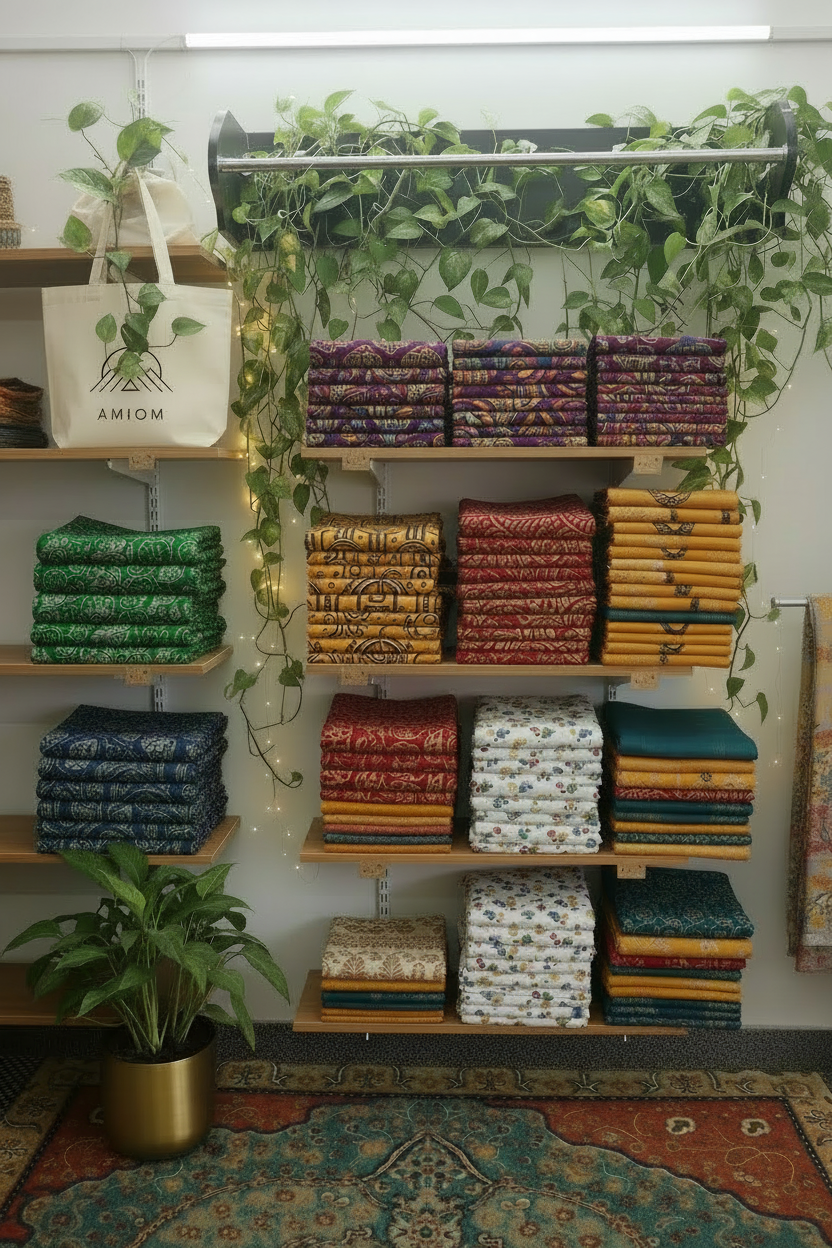 Handloom fabric by the meter on wooden shelves in AMIOM True Nature shop