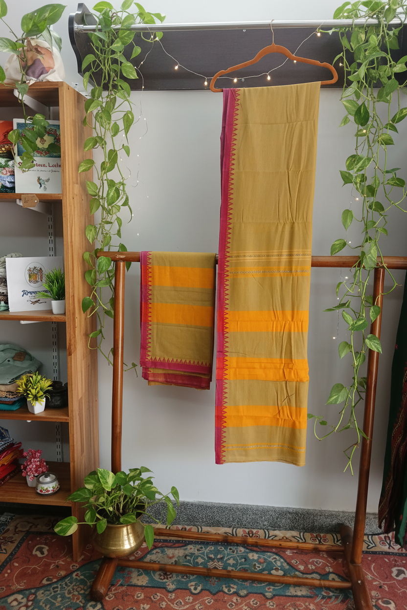 Saree aus Khadi-Baumwolle mit Tempelbordüre