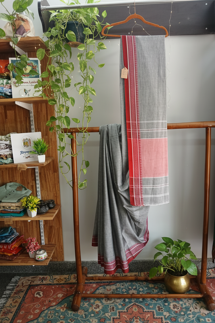 Saree aus Khadi-Baumwolle mit Tempelbordüre