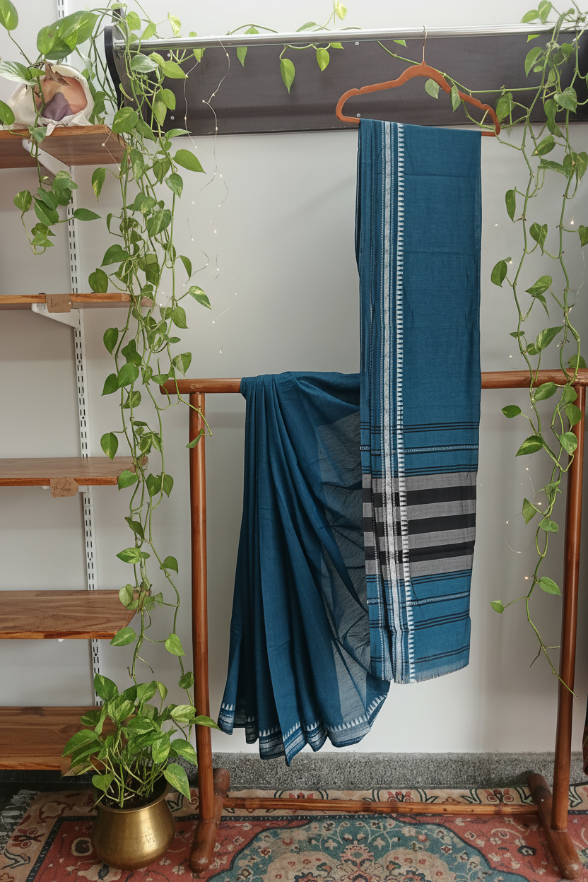 Saree aus Khadi-Baumwolle mit Tempelbordüre