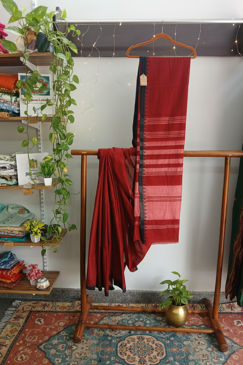 Saree aus Khadi-Baumwolle mit Tempelbordüre
