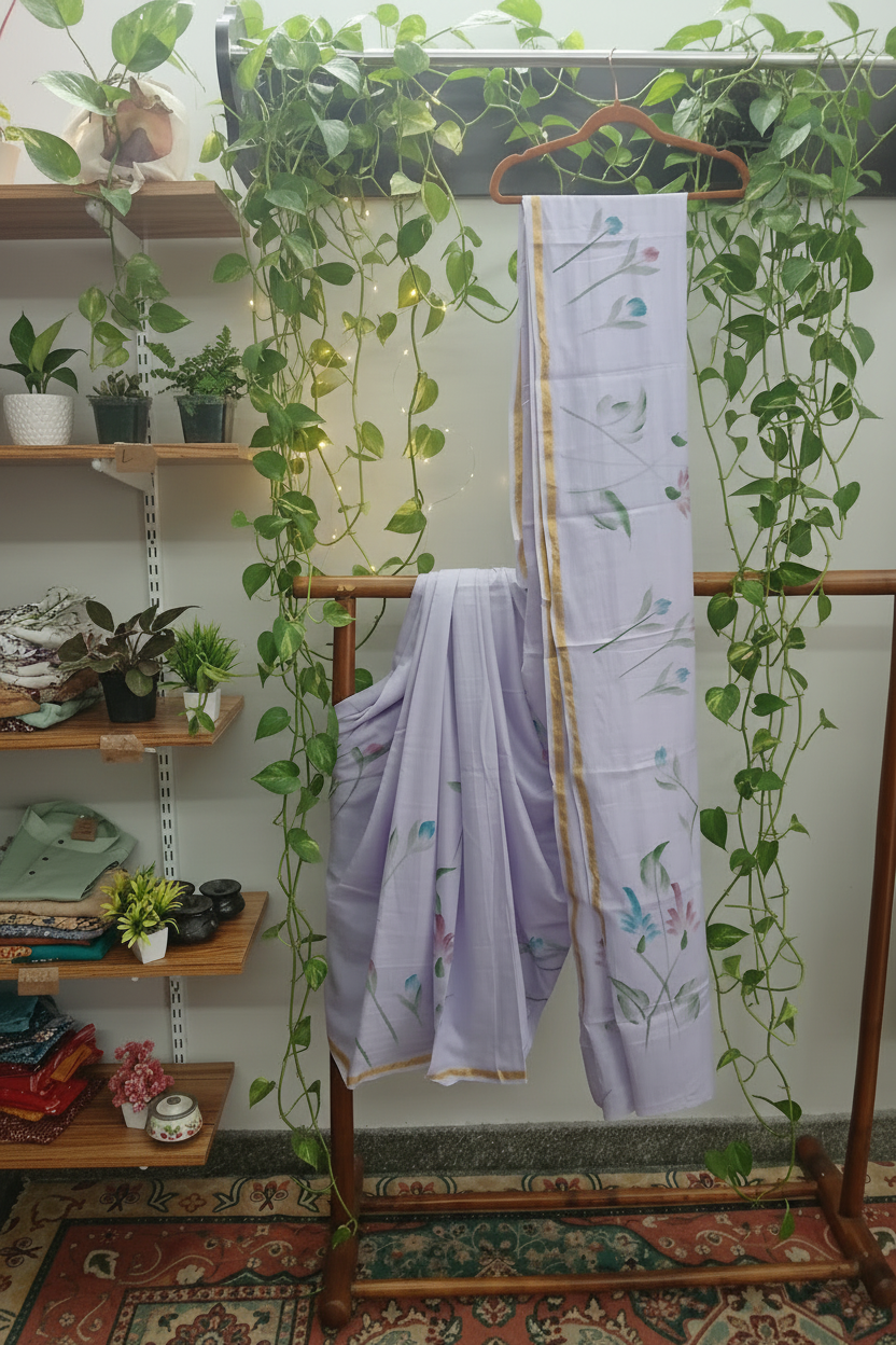 Sari en coton floral peint à la main