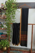 Black Gold Border Saree — Wooden Shelf Ambiance