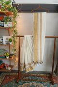 Cream Gold Zari Saree — Wooden Shelf with Plants & Fairy Lights