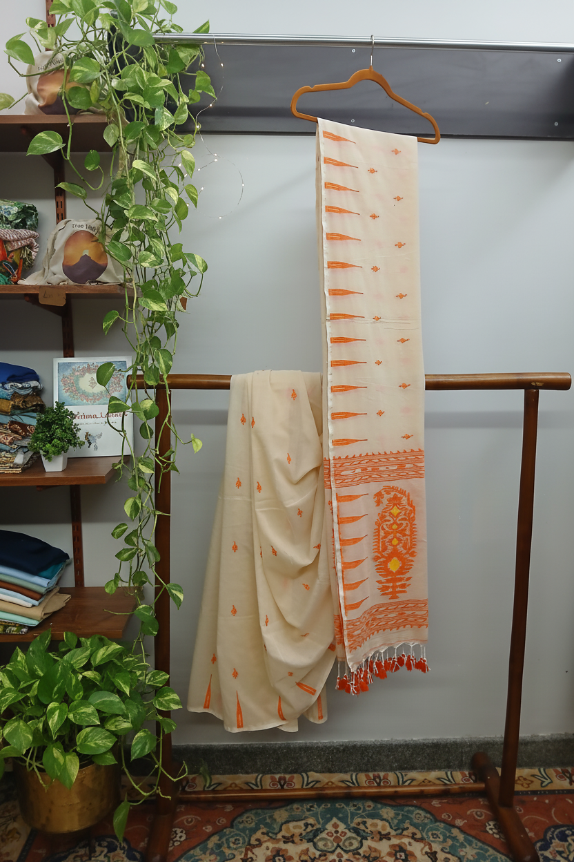 Cream Orange Temple Border Saree — Wooden Shelf Ambiance
