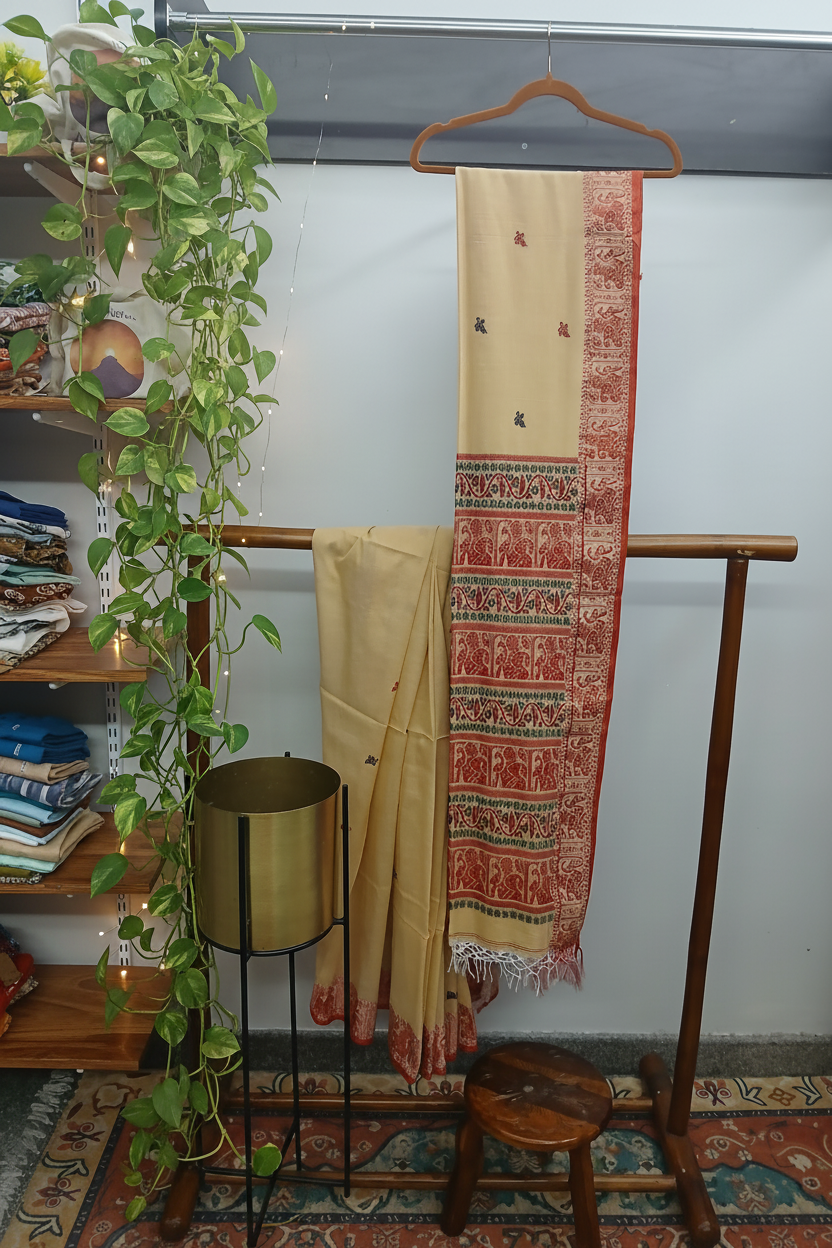 Cream Pattachitra Saree — Warm Wooden Shelf Ambiance