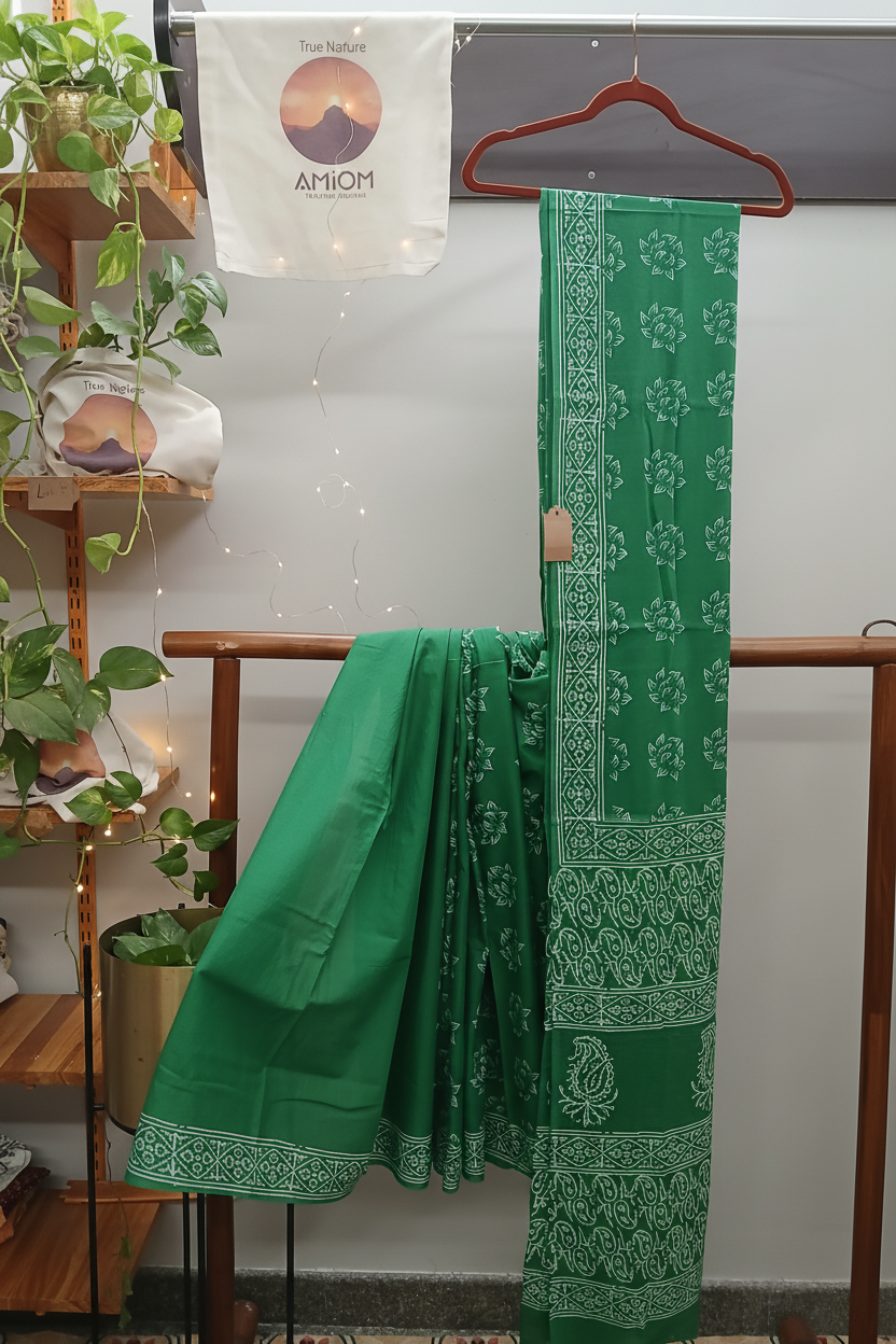 Emerald Green Block Print Saree — Warm Ambiance