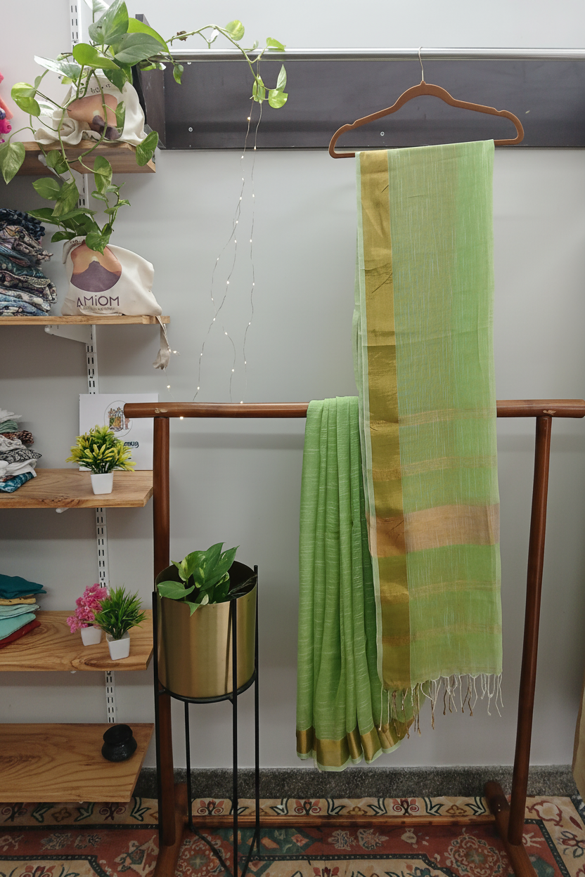 Light Green Linen Saree - Wood Shelf