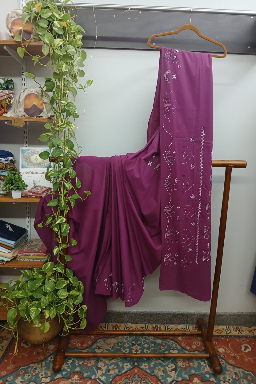 Magenta Chikankari Saree — Wooden Shelf Ambiance