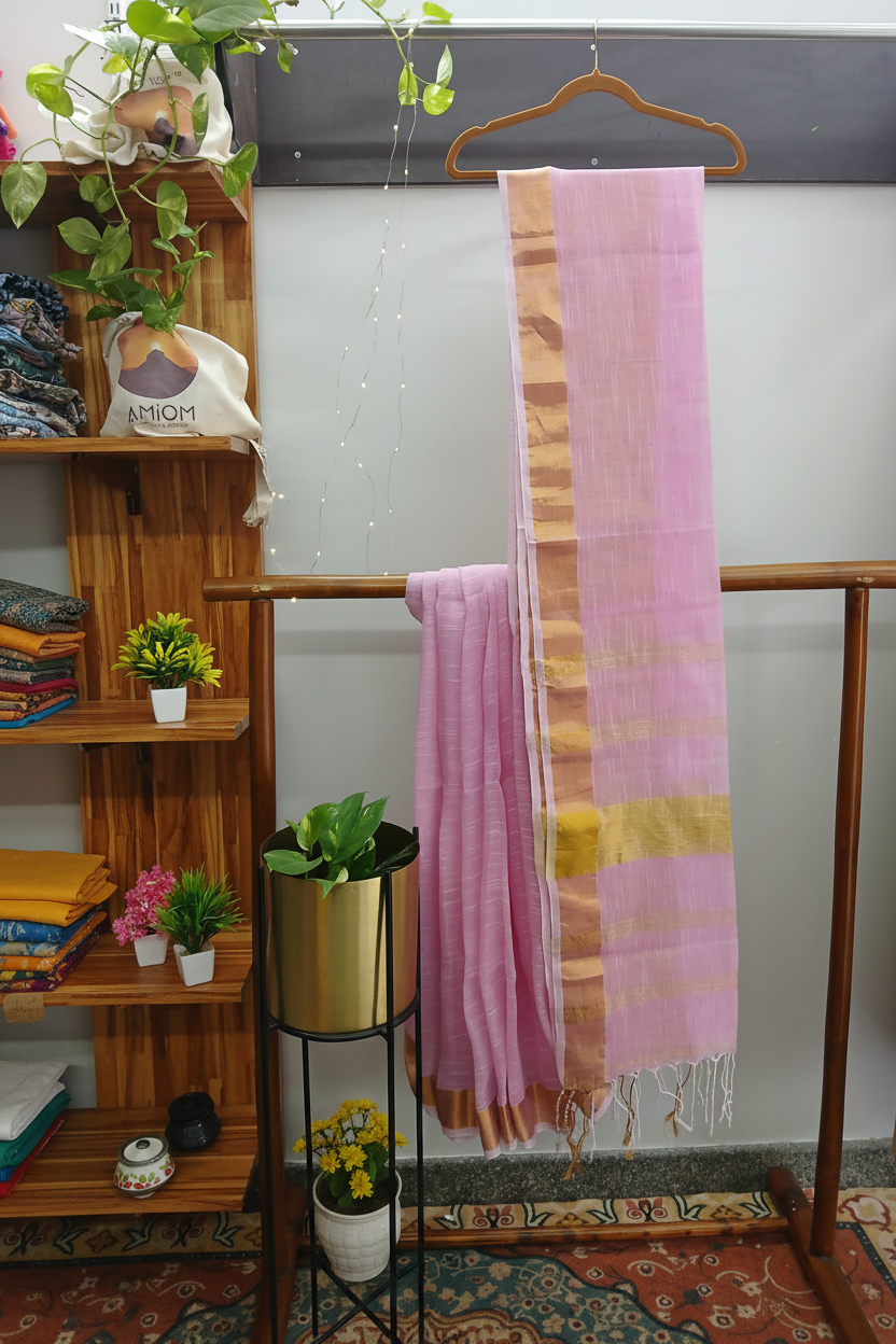 Pink Linen Saree - Wood Shelf