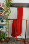 Red Chiffon Dupatta — Warm Wooden Shelf Ambiance