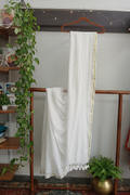 White Gold Border Saree — Wooden Shelf Ambiance