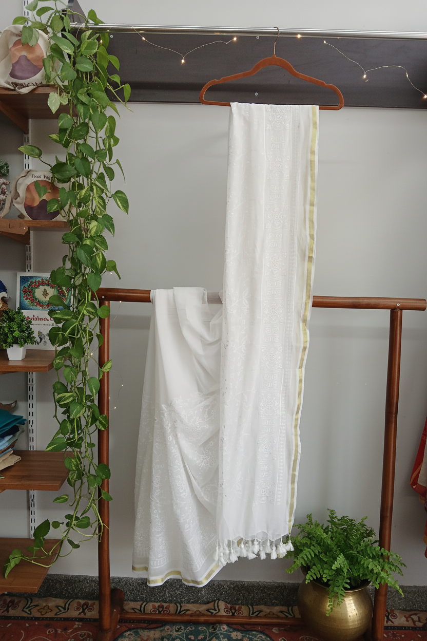White Gold Border Saree — Wooden Shelf Ambiance