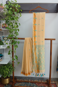 Yellow Teal Motif Saree — Wooden Shelf Ambiance